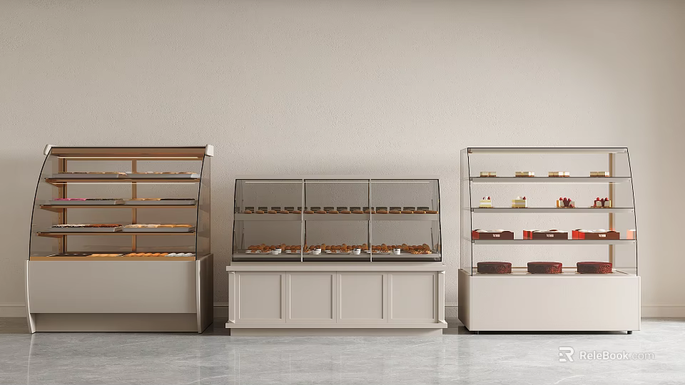 Bakery Display Cases And Shelves With Glass Doors And Neutral Tones For Retail Use 3d model 