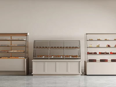 Bakery Display Cases And Shelves With Glass Doors And Neutral Tones For Retail Use 3d model