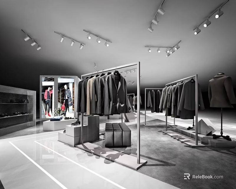 Monochrome Clothing Store Interior With Hanging Coats Clothing Racks And Spotlights 3d model 