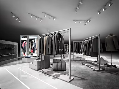 Monochrome Clothing Store Interior With Hanging Coats Clothing Racks And Spotlights 3d model