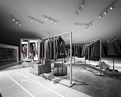 Monochrome Clothing Store Interior With Hanging Coats Clothing Racks And Spotlights 3d model