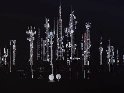 Multiple Industrial Communication Towers With Metal Structures And Antennas For Signal Transmission 3d model