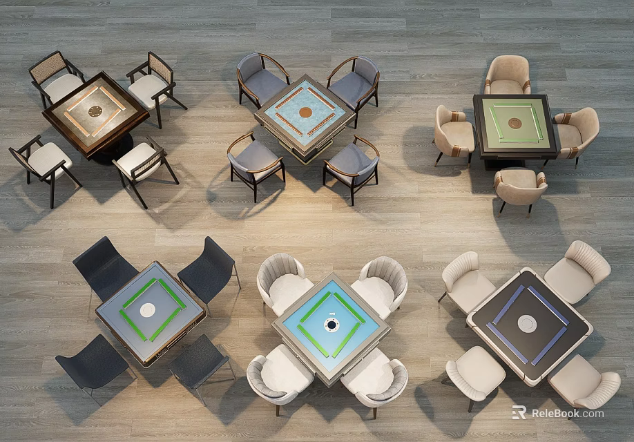 Multiple Entertainment Tables With Various Colored Tabletops And Matching Chairs On Wooden Floor 3d model 