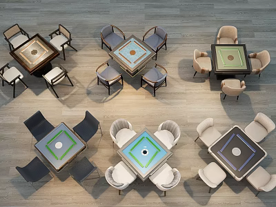 Multiple Entertainment Tables With Various Colored Tabletops And Matching Chairs On Wooden Floor 3d model