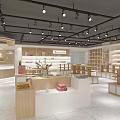 Modern Retail Store Interior With Wooden Shelves Display Tables Ceiling Lights And Neat Layout