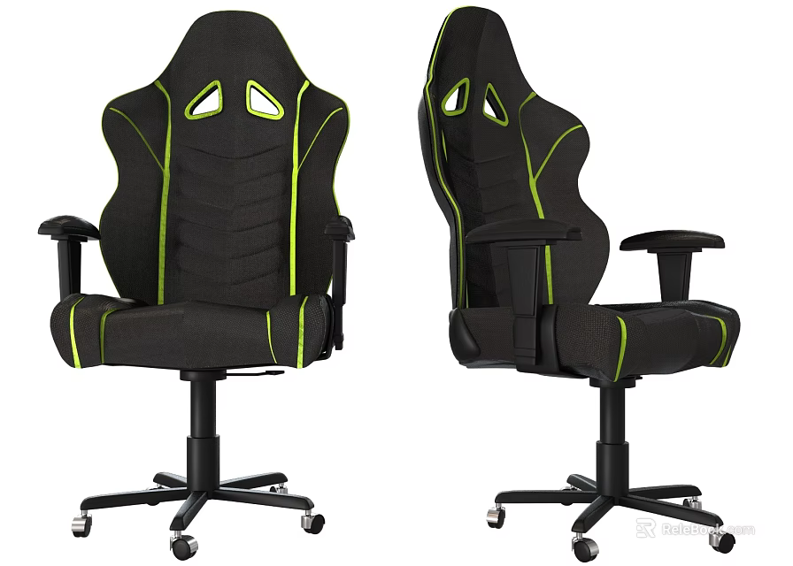 Ergonomic Gaming Chair With Black Fabric Green Stitching Armrests And Wheeled Base 3d model 