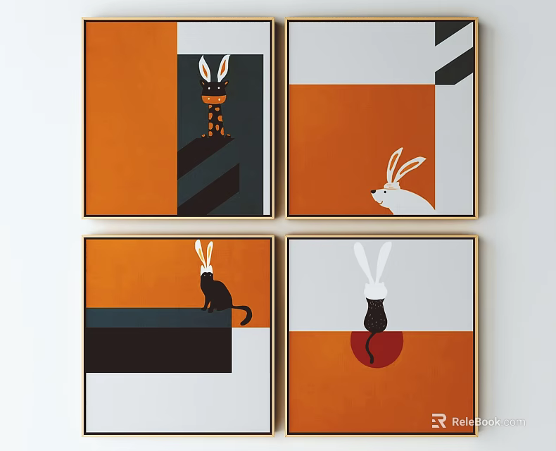 Modern Abstract Rabbit Paintings Featuring Orange Black White Geometric Designs 3d model