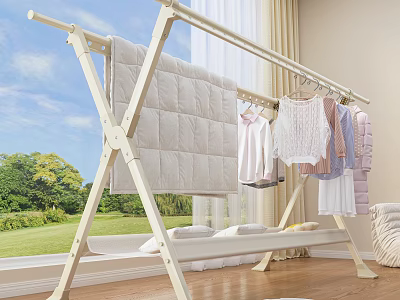 White Foldable Drying Rack with Quilt and Clothes in Indoor by Window with Green View 3d model