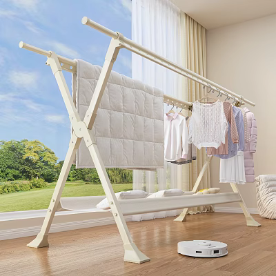 White Foldable Drying Rack with Quilt and Clothes in Indoor by Window with Green View 3d model