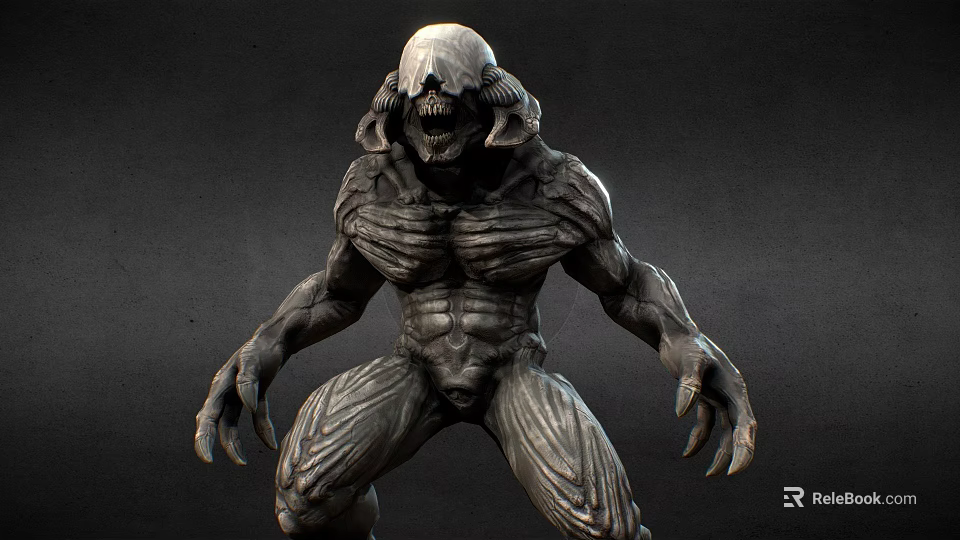Game Movie Monster Character With Muscular Body Skeletal Head And Textured Skin 3d model 