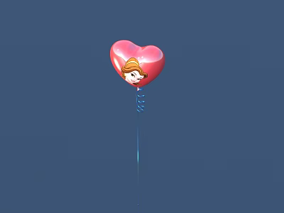 Red Heart Shaped Balloon With Cartoon Girl Face And Blue String Against Dark Blue Background 3d model