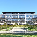 Modern Office Building With Glass Curtain Walls Multiple Floors Balconies And Landscaped Gardens