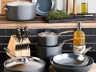 Modern Gray Cookware Set With Pots Pans Knife Block And Olive Oil On Kitchen Counter 3d model