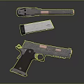 Two Modern Tactical Pistols With Wooden Grips Metal Frames Red Accents And Magazine Attachments