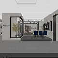 Modern Minimalist Interior With Gray Walls Glass Cabinets Black Table Blue Chairs And Rabbit Sculpture