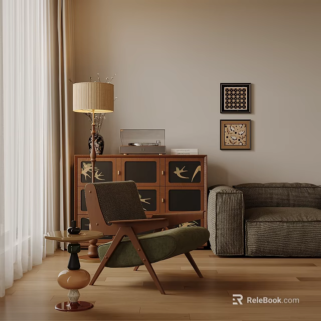 Leisure Chair in Living Room with Wooden Cabinet Record Player Table Lamp and Decorative Artworks 3d model 
