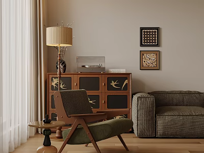 Leisure Chair in Living Room with Wooden Cabinet Record Player Table Lamp and Decorative Artworks 3d model