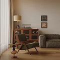 Leisure Chair in Living Room with Wooden Cabinet Record Player Table Lamp and Decorative Artworks