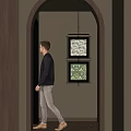 Man Walking Through Wooden Archway With Floral Decorative Paintings On Wall