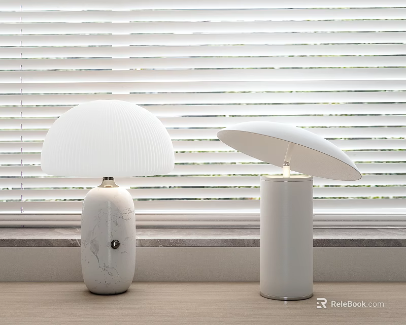 Modern Table Lamps with White Lampshade Marble and Plain White Bases Against Window Blinds Background 3d model 