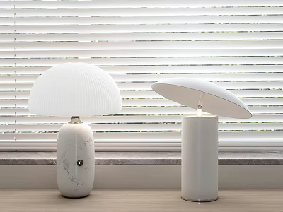 Modern Table Lamps with White Lampshade Marble and Plain White Bases Against Window Blinds Background 3d model