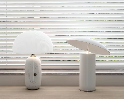 Modern Table Lamps with White Lampshade Marble and Plain White Bases Against Window Blinds Background 3d model