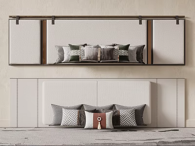Modern Minimalist Bed Background Wall With Soft Upholstered Panel And Decorative Pillows 3d model