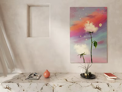 Vibrant Cotton Cloud Painting On Wall With Marble Countertop Decor Items 3d model
