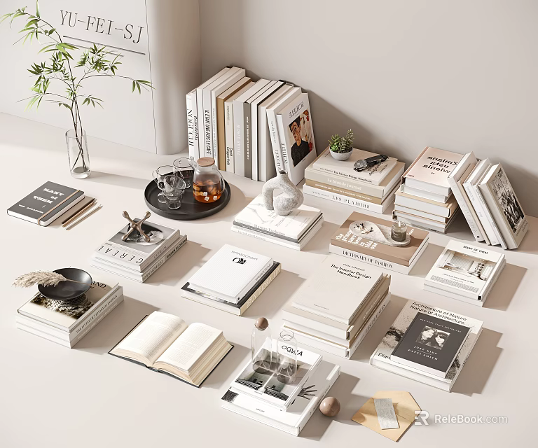 Books And Magazines On Minimalist Modern Desk With Stacked Open Book Teacup Plant And Decorations 3d model 