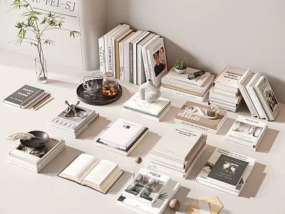 Books And Magazines On Minimalist Modern Desk With Stacked Open Book Teacup Plant And Decorations 3d model