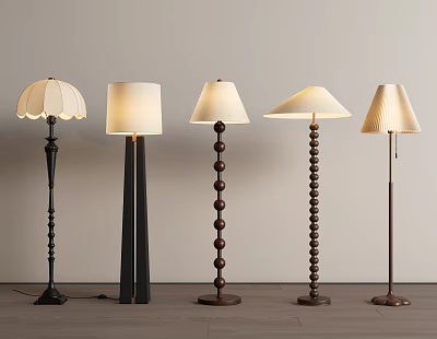 Various Design Floor Lamps With Wooden Metal Poles And Scalloped Conical Shades 3d model