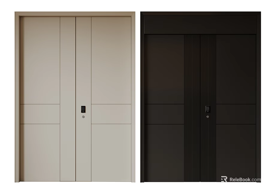 Double Doors in Beige Black Modern Panel Design with Vertical Stripes 3d model 