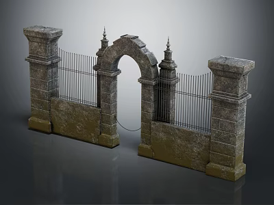Stone Arched Entrance Gate With Classic Design Stone Pillars And Iron Railings 3d model