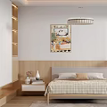 Modern Bedroom Interior With Bed Nightstands Chandelier Wall Art And Window Rug