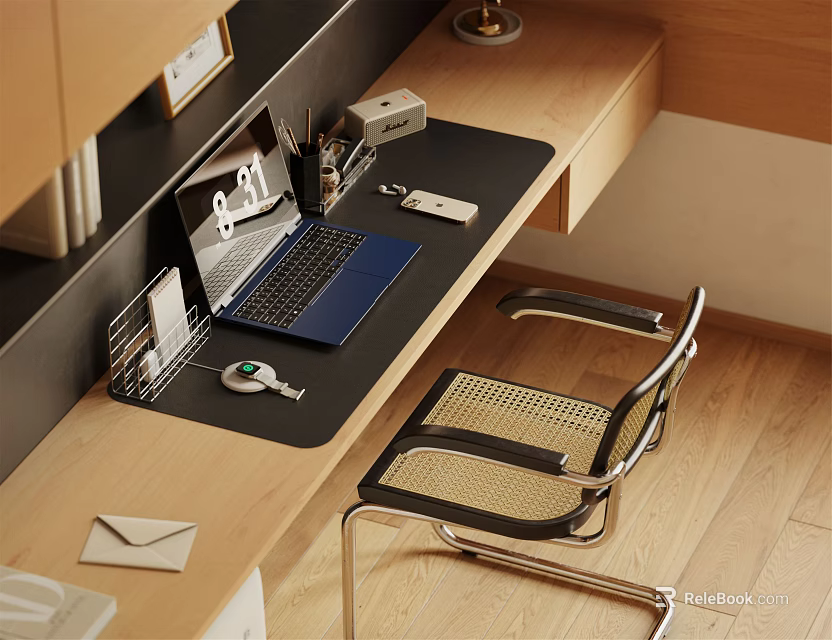 Modern Study Room Interior With Wooden Desk Laptop Wicker Chair And Stationery 3d model 