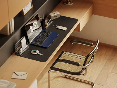 Modern Study Room Interior With Wooden Desk Laptop Wicker Chair And Stationery 3d model