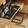 Modern Study Room Interior With Wooden Desk Laptop Wicker Chair And Stationery