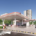 Modern CNPC Gas Station With Red Accent Canopy Parked Vehicles And High Rise Buildings