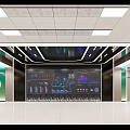 Modern Monitoring Room Interior With White Floor Green Pillars Workstations Computer Screens And Ceiling Lights