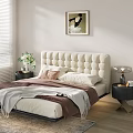 Modern Beige Double Bed with Tufted Headboard Blankets Pillows Nightstands Vase Flowers and Table Lamp