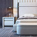 Elegant Double Bed Bedroom Interior with White Headboard Nightstands Lamps Bench and Striped Carpet