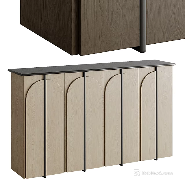 Modern Storage Cabinet With Wooden Panels Curved Doors And Black Top Surface 3d model 