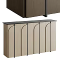 Modern Storage Cabinet With Wooden Panels Curved Doors And Black Top Surface