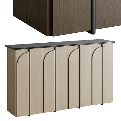 Modern Storage Cabinet With Wooden Panels Curved Doors And Black Top Surface 3d model
