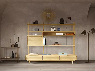 Minimalist Wooden Display Cabinet With Open Shelves Books Decorative Items And Table Lamp 3d model