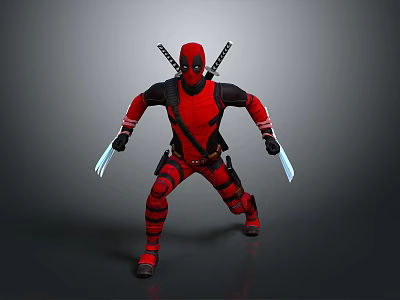 Man In Red Costume With Mask Holding Dual Blades And Katana Swords On Back 3d model