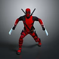 Man In Red Costume With Mask Holding Dual Blades And Katana Swords On Back