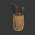 Copper Pen Holder With Colored Pencils On Dark Reflective Surface