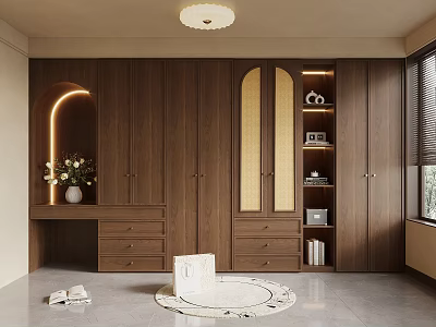 Modern Walnut Wardrobe Interior Design With Dressing Table Drawers And Open Shelves 3d model