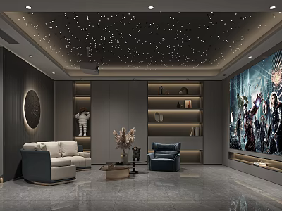 Modern Home Theater Room Interior With Starlit Ceiling Gray Walls Sofa Bookshelves And Large Screen 3d model